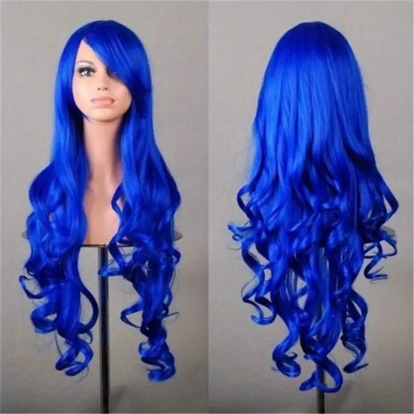 Premium Long Curly Vibrant Blue Wig