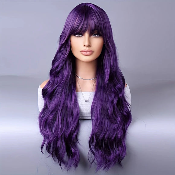 Premium Deep Purple Long Wavy Wig with Bangs