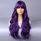 Premium Deep Purple Long Wavy Wig with Bangs