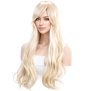Premium Anime-Inspired Long Golden Wavy Wig with Bangs