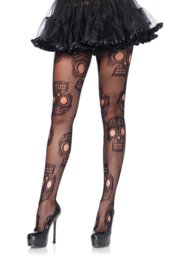 Sugar Skull Net Tights - Reg or Plus Size