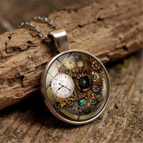 Steampunk Clock Photo Glass Cabochon Pendant