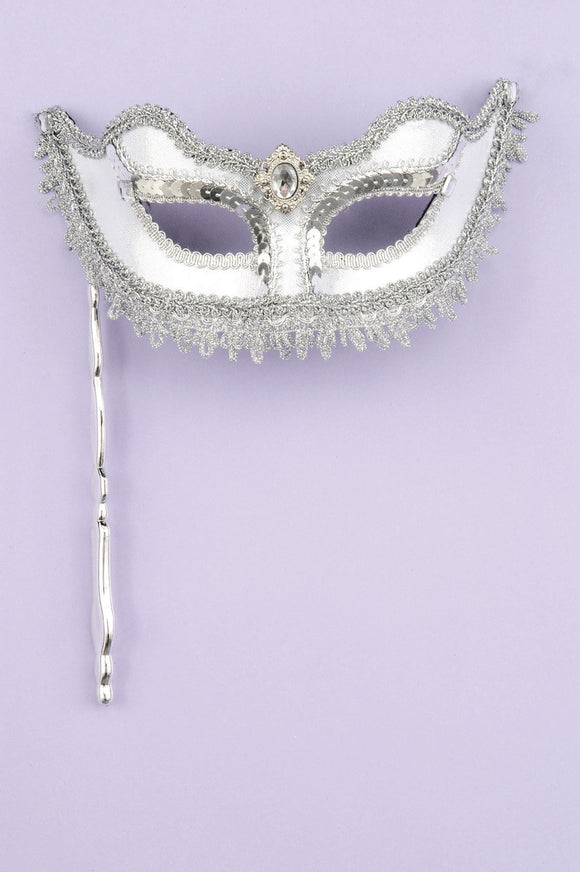 Venetian Mask with Stick - Silver