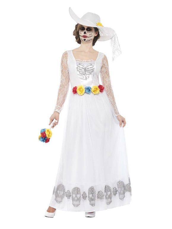 Day of the Dead Skeleton Bride Costume, White - Size Small